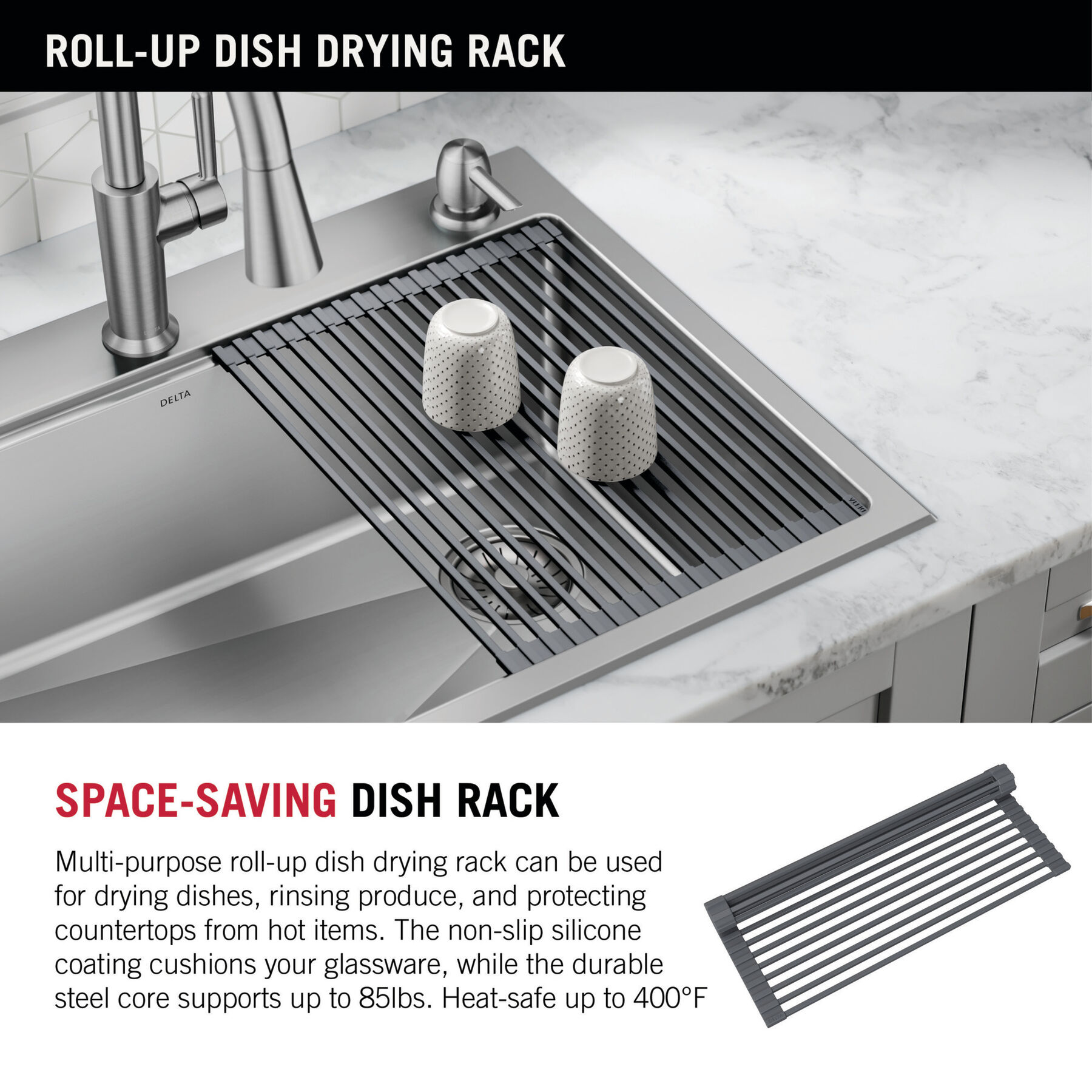 Lavabo de cocina tipo estación de trabajo con un receptáculo de acero inoxidable de 33" de montaje bajo encimera encastrado, con reborde WorkFlow™ y accesorios, imagen 1